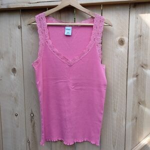 Old Navy Y2K Sleeveless Pink Lace-Trim Ribbed Tank Top Women's Size XXL Cotton
